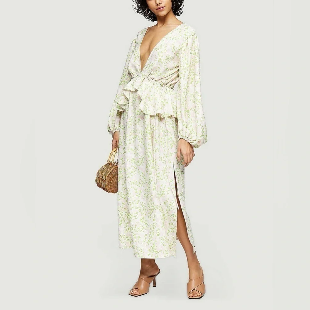TopShop Ivory Print Double V Ruffled Cream Green &Pink Floral Maxi Dress -8 NWT